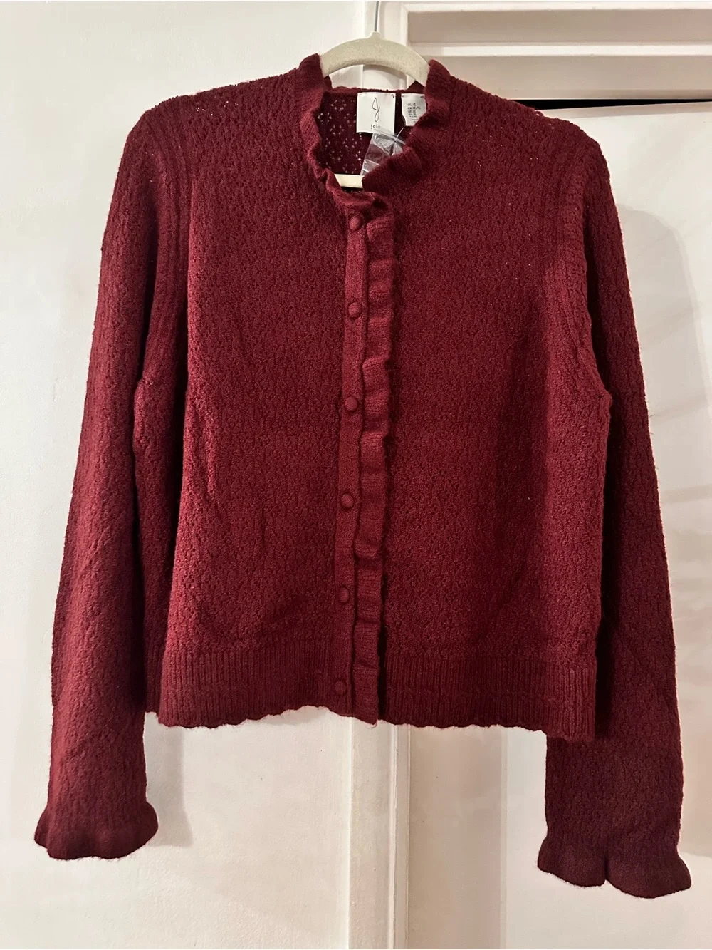 Joie Maroon Ruffle-Trim Knit Cardigan